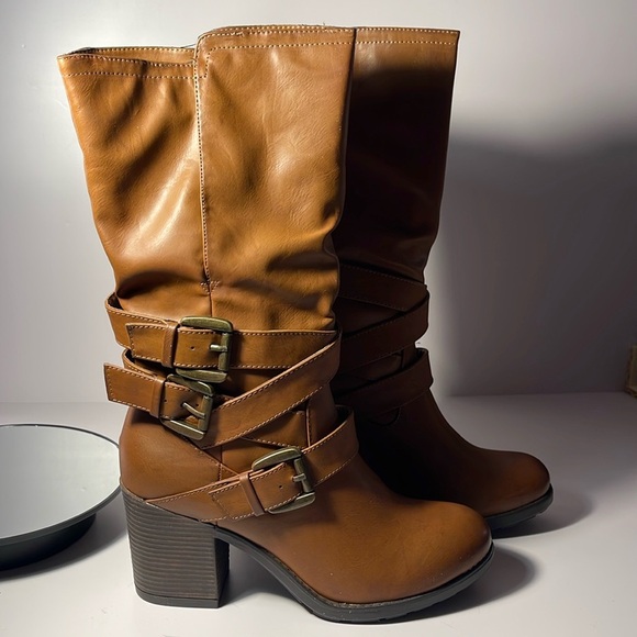 MIA Gareth Strappy Moto Slip-On Block Heel Boots Size 9 Faux Leather NIB - Picture 5 of 14